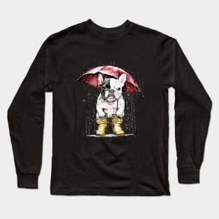 Cute french bulldog under the rain with red umbrella, vintage style, frenchie mon, frenchie dad, frenchie on vintage sun Long Sleeve T-Shirt